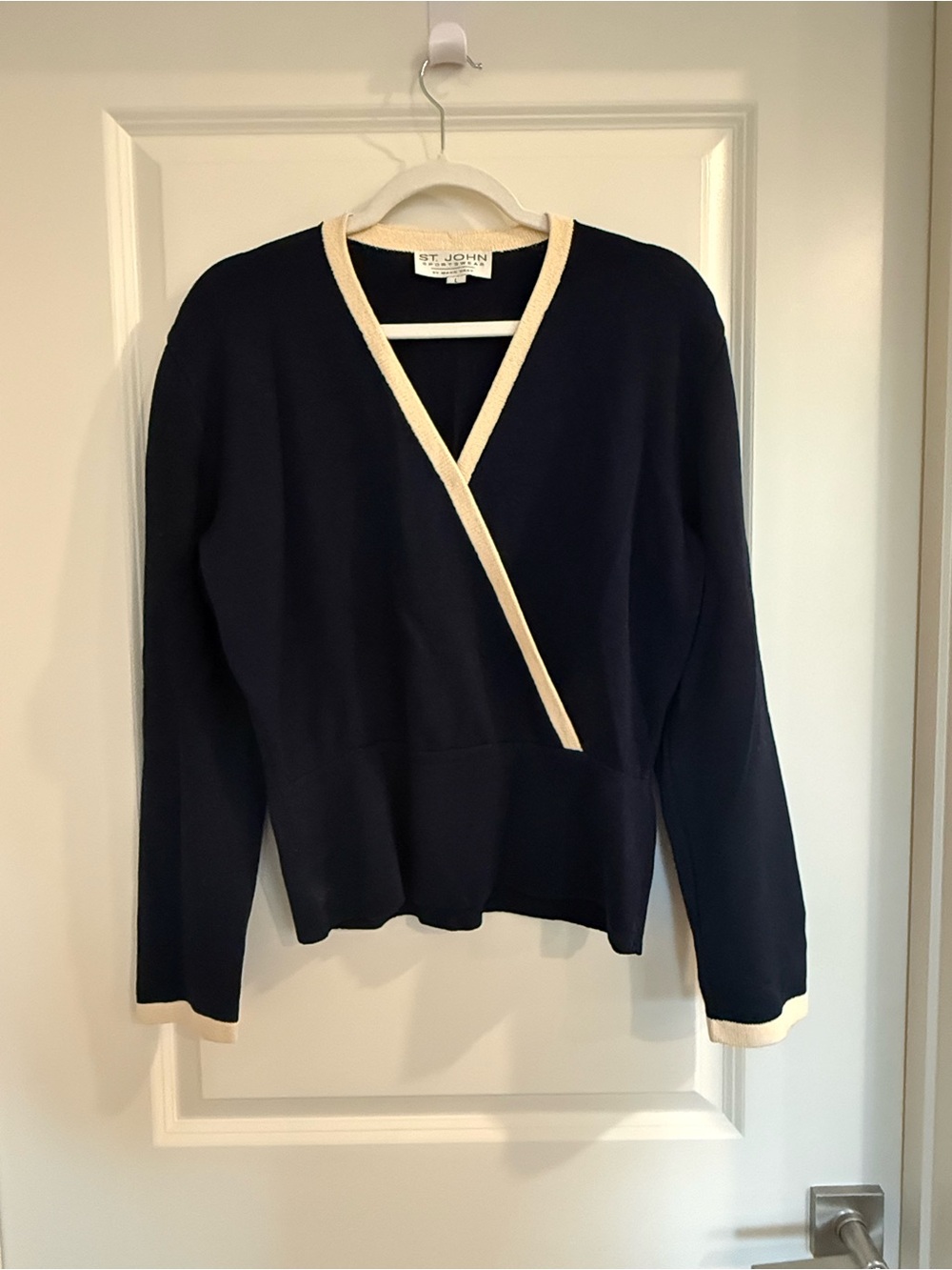 St. John Navy V-Neck Wrap-Style Sweater with Cream Trim Accents